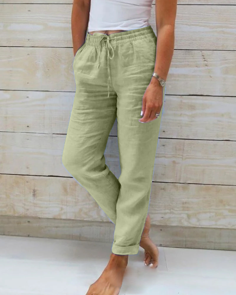 Elastic-Waist Tapered Cotton Womens Pants, Stretch Fit