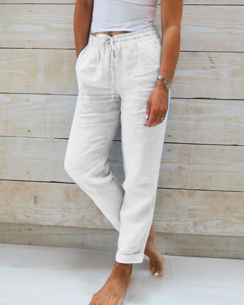Elastic-Waist Tapered Cotton Womens Pants, Stretch Fit