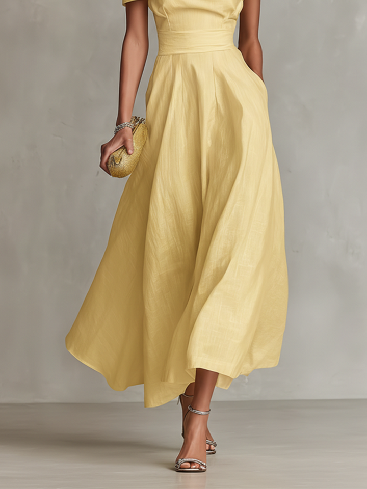 One-Shoulder Fitted-Waist Linen Womens Maxi Dress