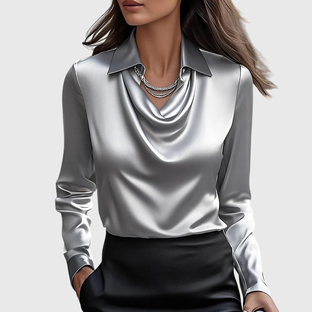 Pleated V-Neck Satin Womens Blouse, Draped Relaxed Fit