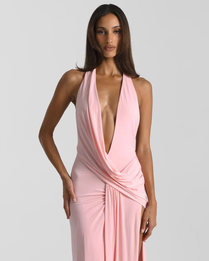 Plunge Halter Backless Womens Maxi Dress, Side Slit