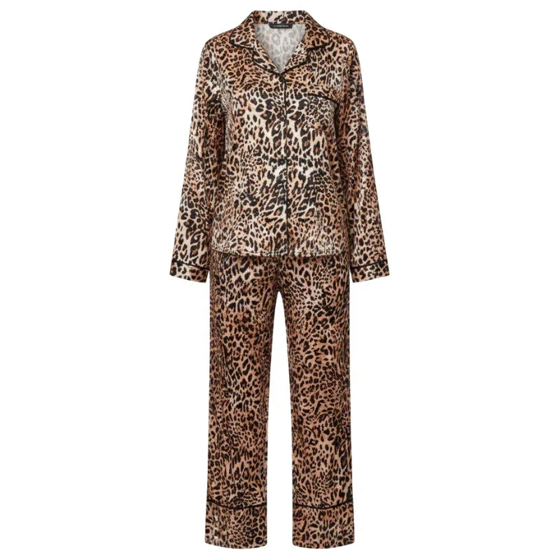 Leopard-Print Satin Womens Pajama Set, Turn-Down Collar
