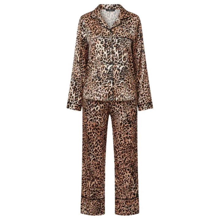 Leopard-Print Satin Womens Pajama Set, Turn-Down Collar