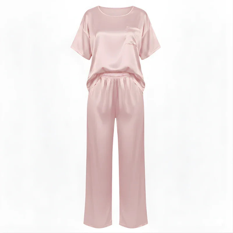 Short-Sleeve Tee &amp; Pants Satin Womens Pajama Set, Loose