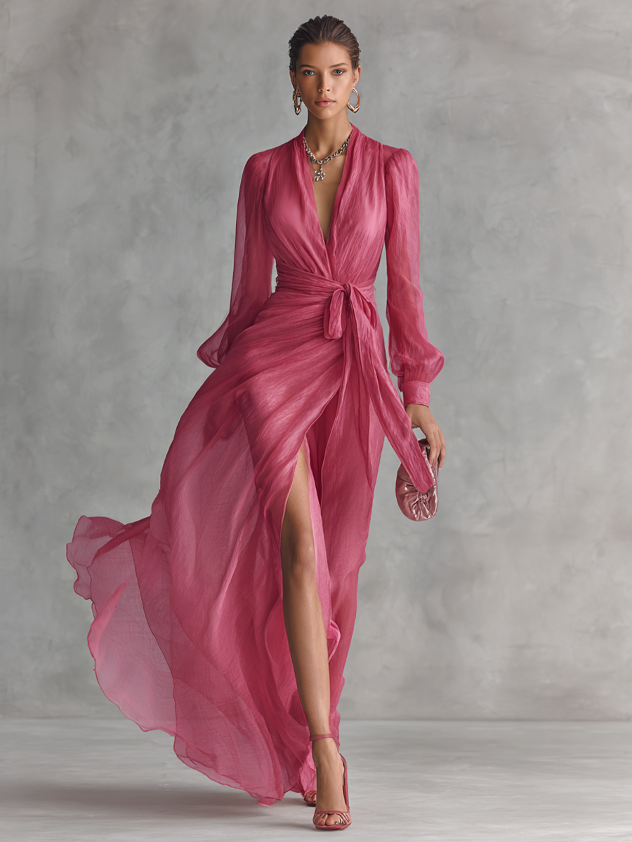 V-Neck Tie-Waist Chiffon Womens Maxi Dress, Side Slit