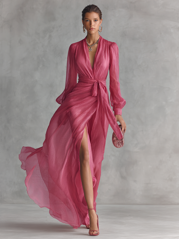 V-Neck Tie-Waist Chiffon Womens Maxi Dress, Side Slit