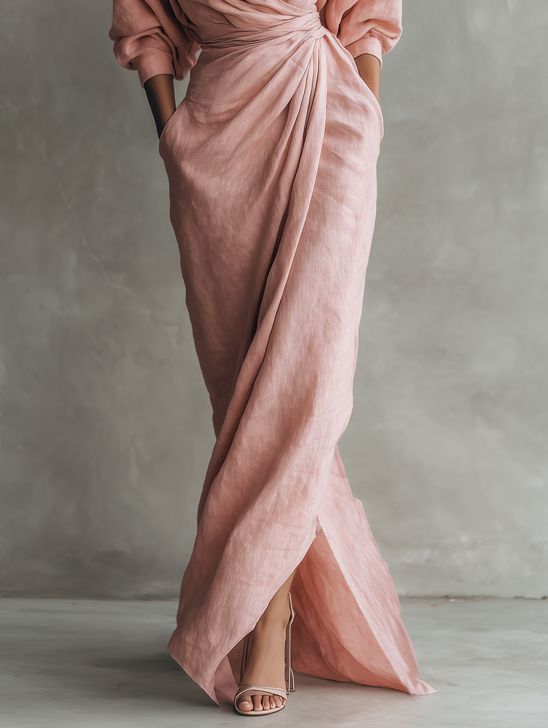 V-Neck Minimalist Womens Maxi Dress in Linen Blend