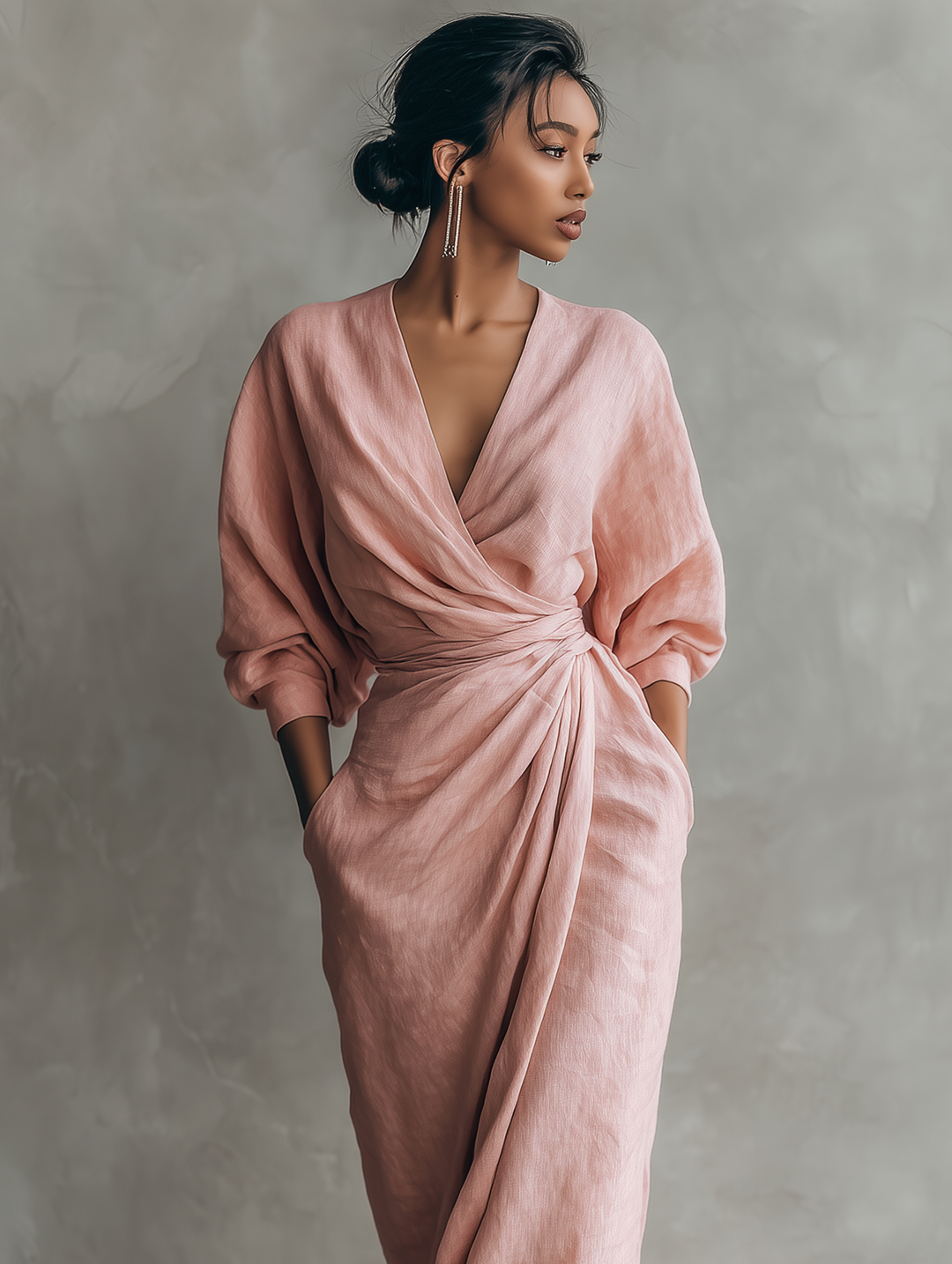 V-Neck Minimalist Womens Maxi Dress in Linen Blend