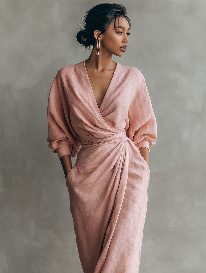 V-Neck Minimalist Womens Maxi Dress in Linen Blend