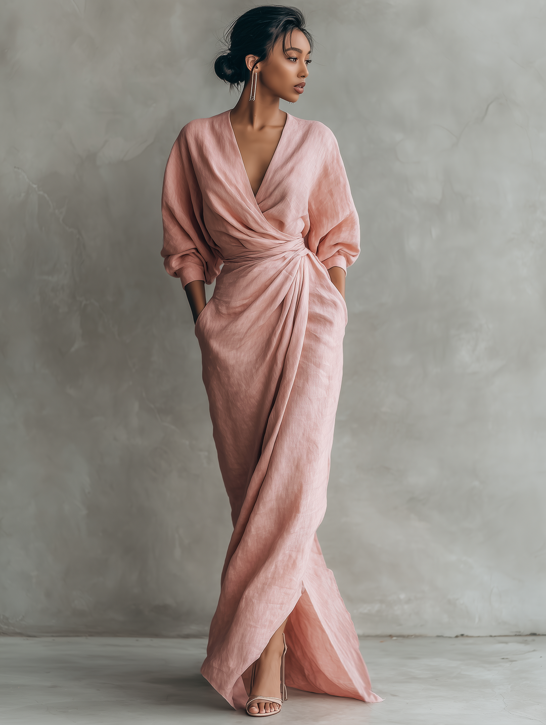 V-Neck Minimalist Womens Maxi Dress in Linen Blend