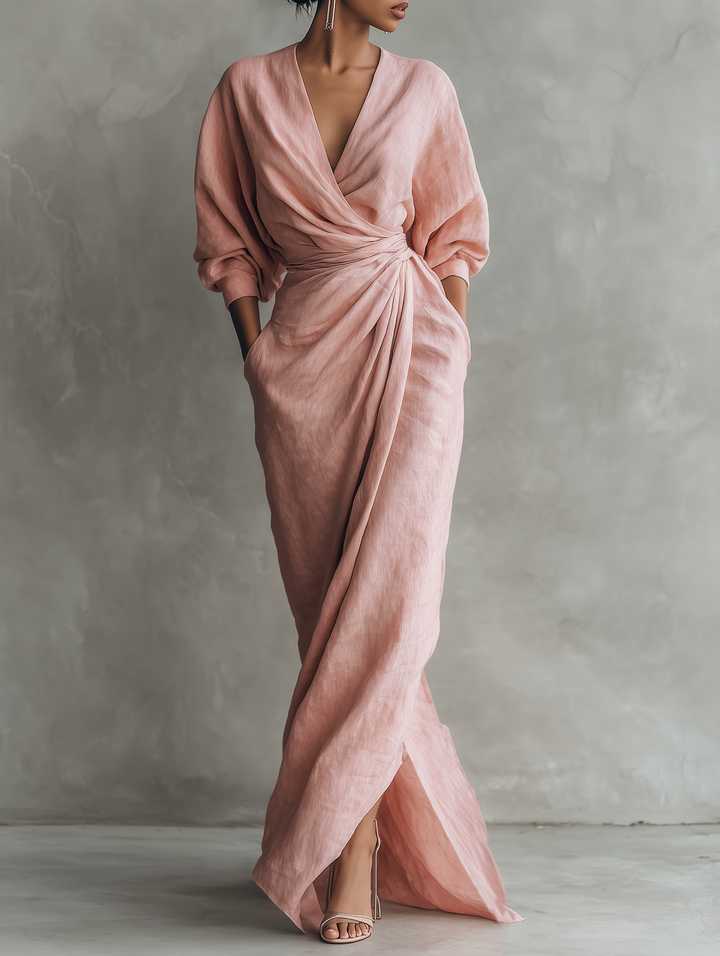 V-Neck Minimalist Womens Maxi Dress in Linen Blend