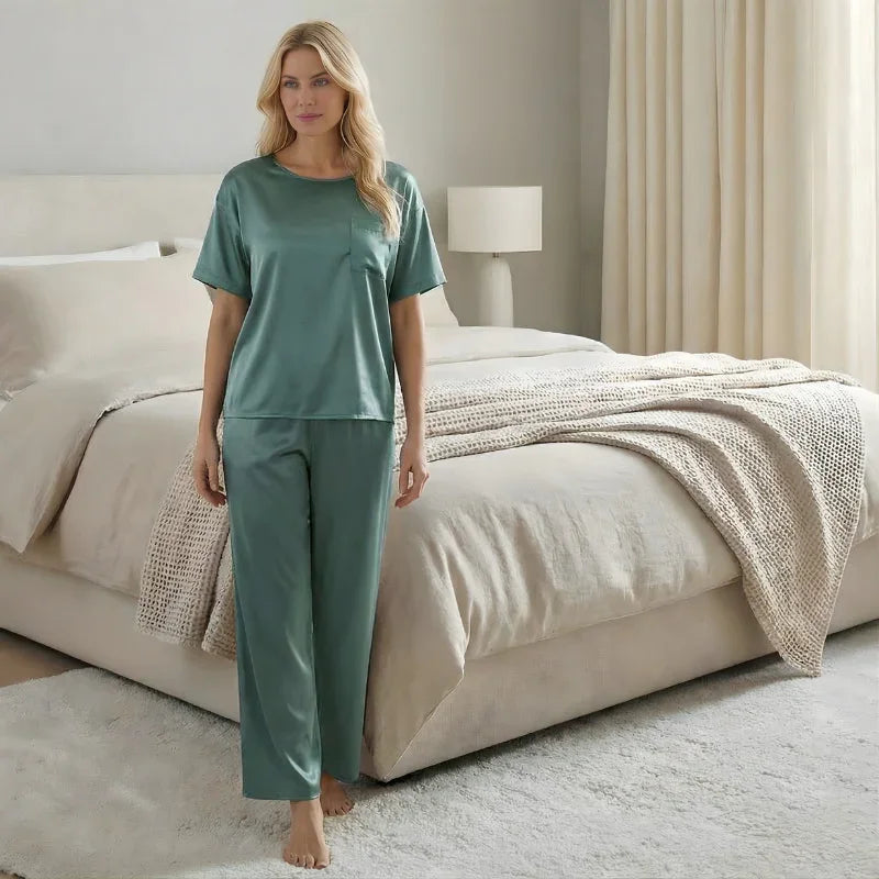 Short-Sleeve Tee &amp; Pants Satin Womens Pajama Set, Loose