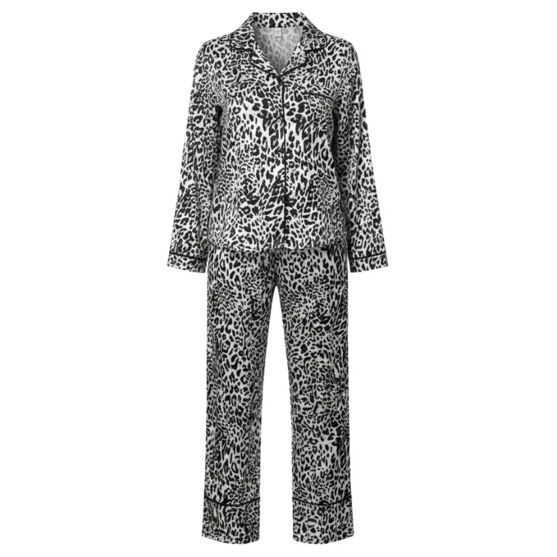 Leopard-Print Satin Womens Pajama Set, Turn-Down Collar