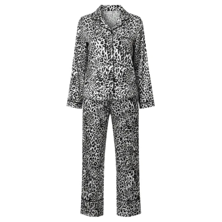 Leopard-Print Satin Womens Pajama Set, Turn-Down Collar