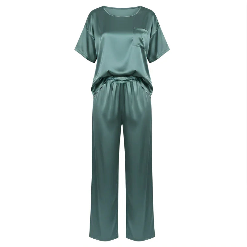 Short-Sleeve Tee &amp; Pants Satin Womens Pajama Set, Loose