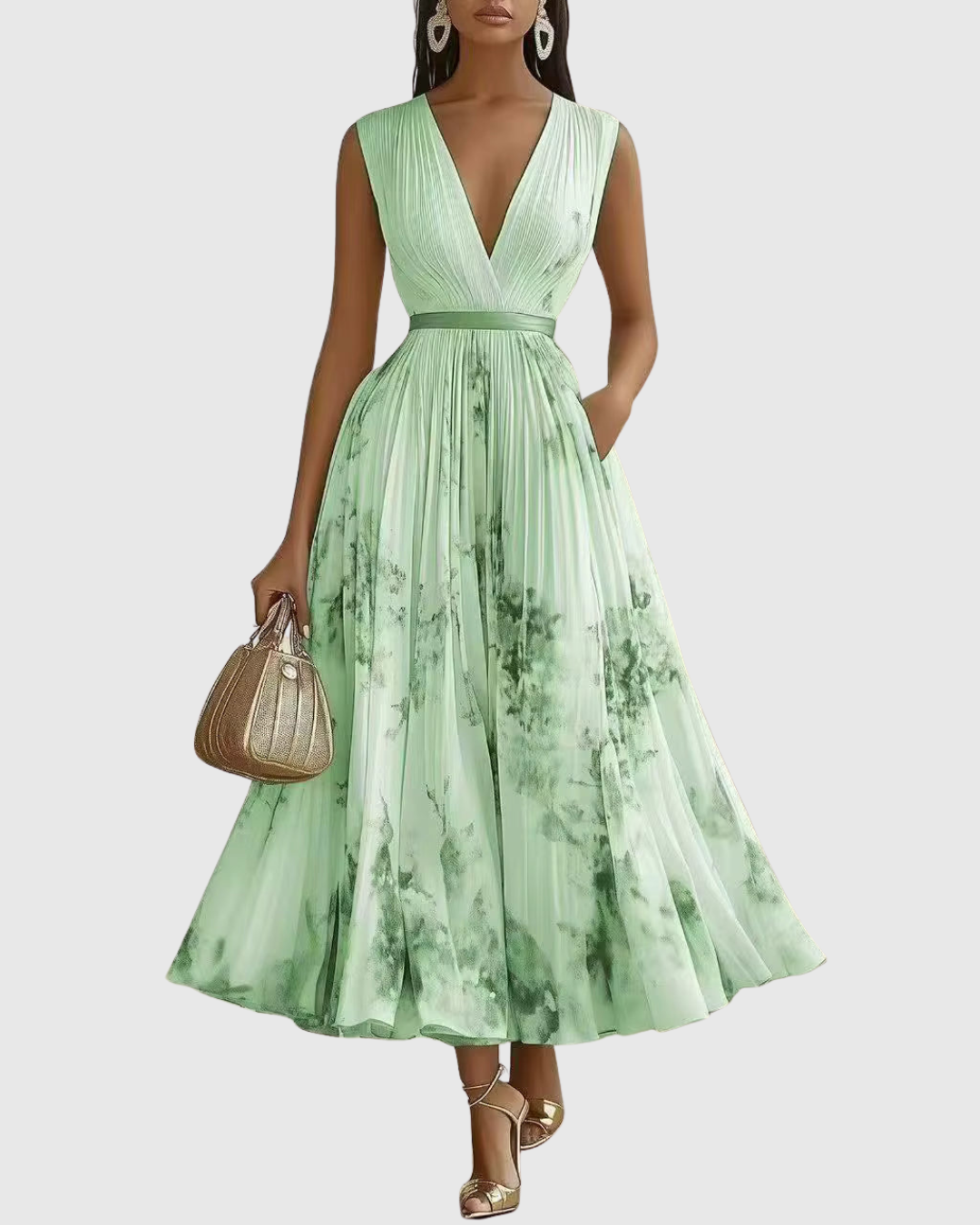 Floral Pleated V-Neck Womens Maxi Dress, Long Sleeve