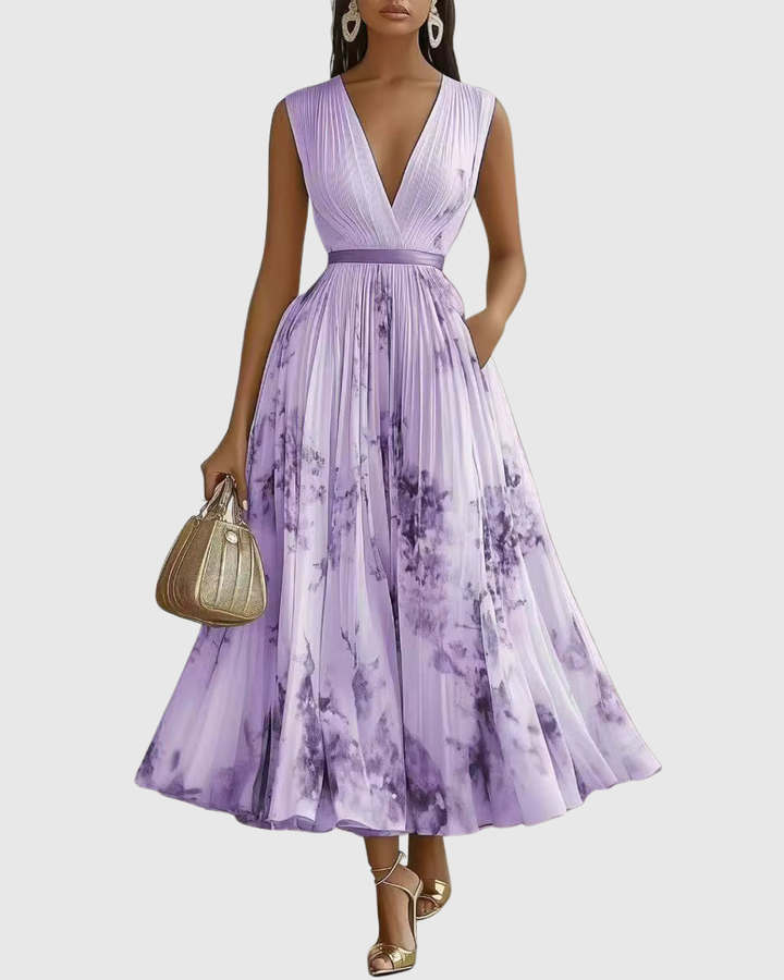 Floral Pleated V-Neck Womens Maxi Dress, Long Sleeve