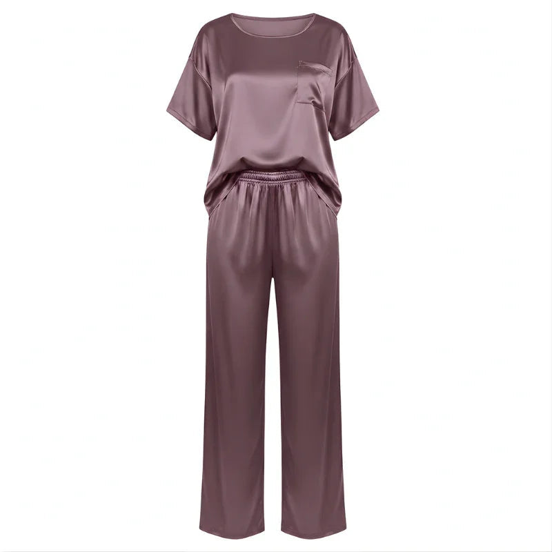 Short-Sleeve Tee &amp; Pants Satin Womens Pajama Set, Loose