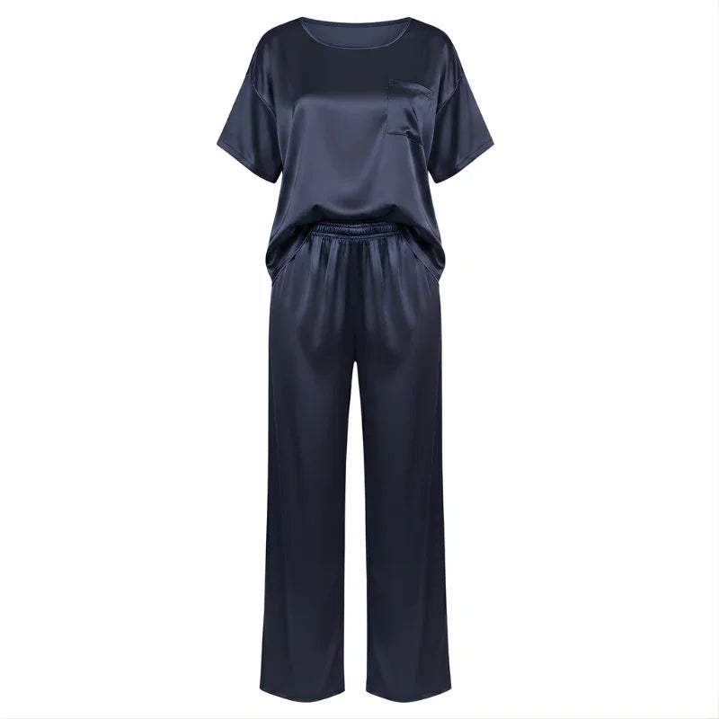 Short-Sleeve Tee &amp; Pants Satin Womens Pajama Set, Loose