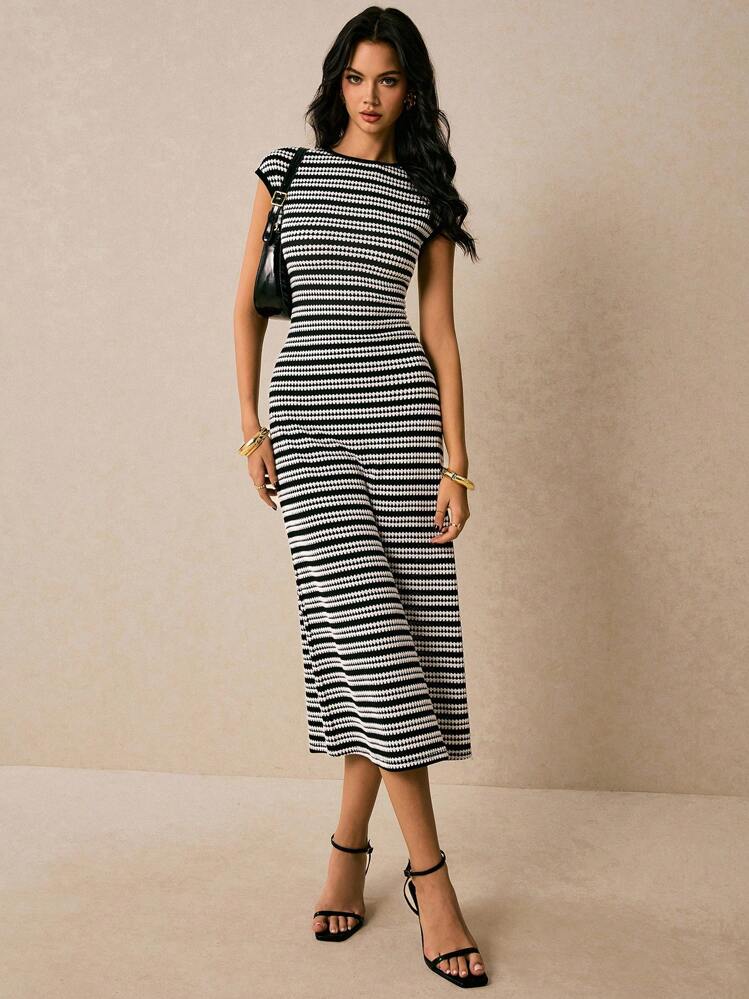 Striped Cap-Sleeve Round-Neck Womens Knit Dress, Casual