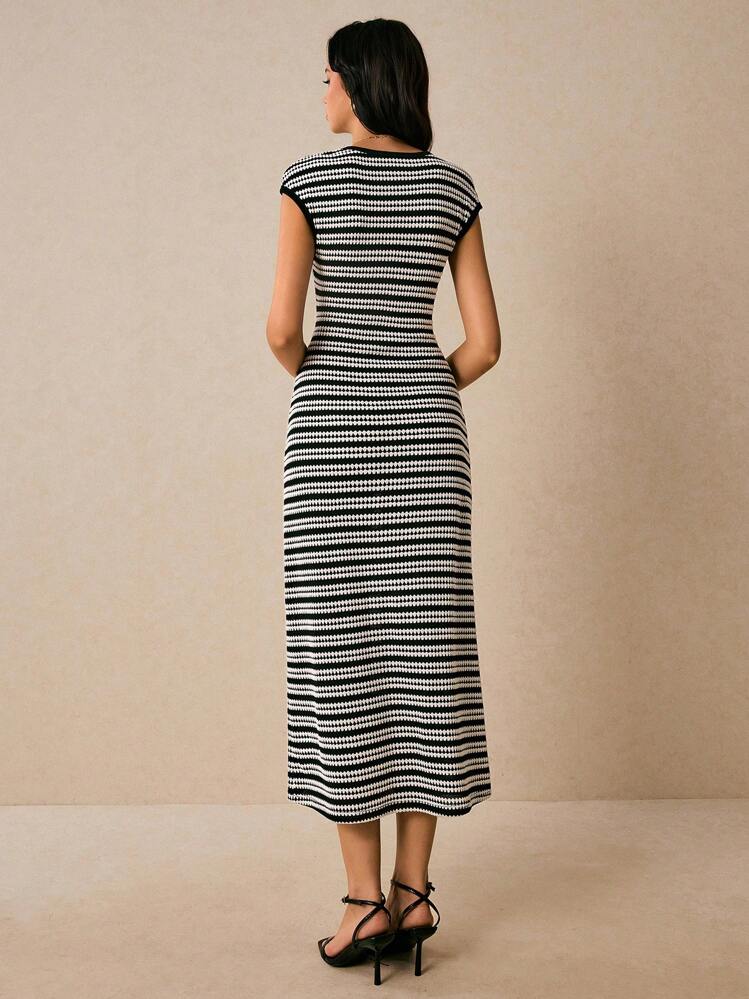 Striped Cap-Sleeve Round-Neck Womens Knit Dress, Casual