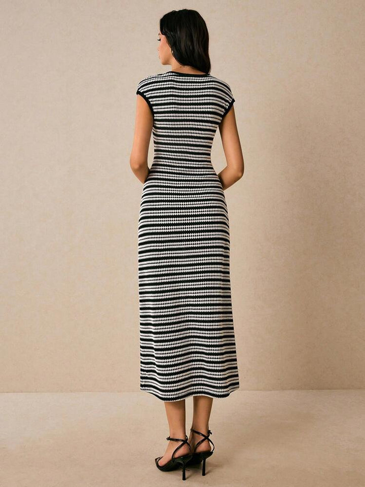 Striped Cap-Sleeve Round-Neck Womens Knit Dress, Casual