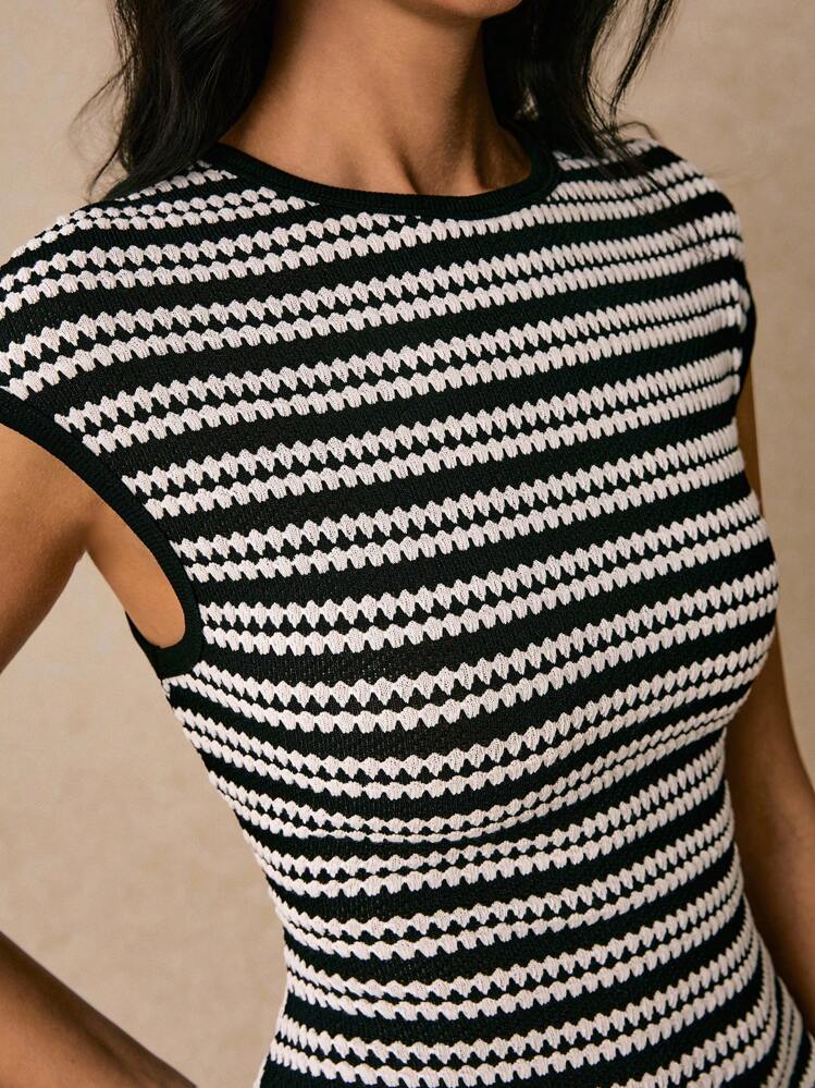 Striped Cap-Sleeve Round-Neck Womens Knit Dress, Casual