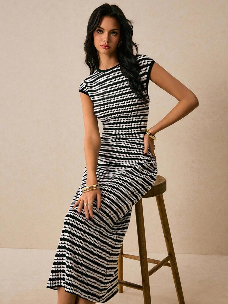 Striped Cap-Sleeve Round-Neck Womens Knit Dress, Casual