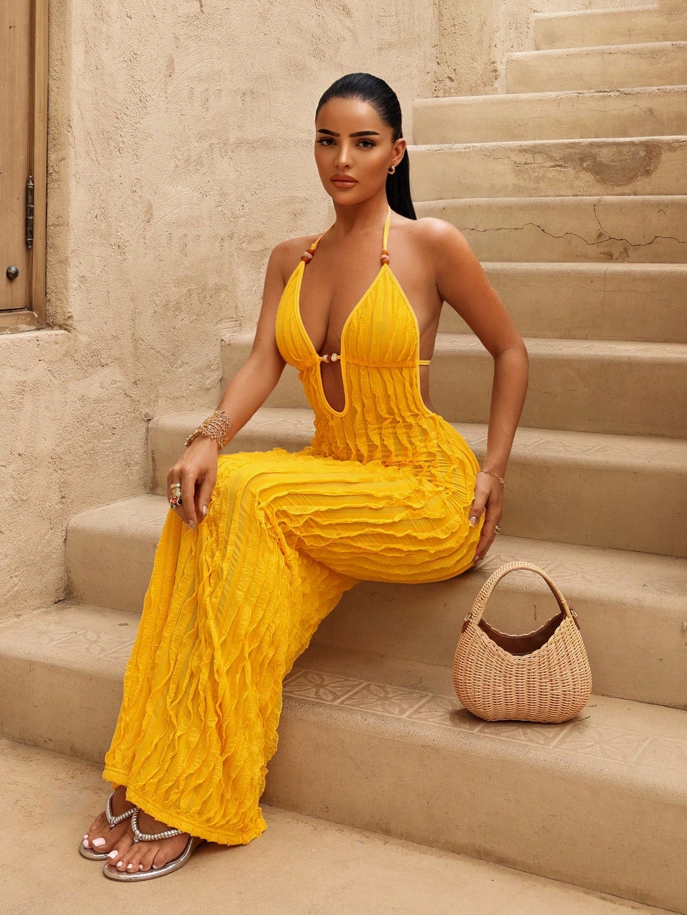 Swim SXY Women's Deep V-Neck Fringe Knit Maxi Dress Yellow