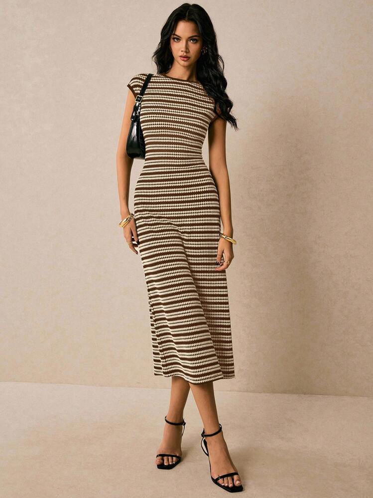 Poéselle Women's Brown Striped Cap Sleeve Round Neck Casual Dress