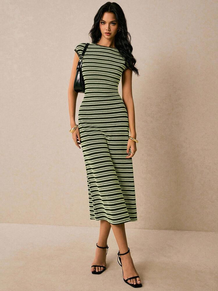 Striped Cap-Sleeve Round-Neck Womens Knit Dress, Casual