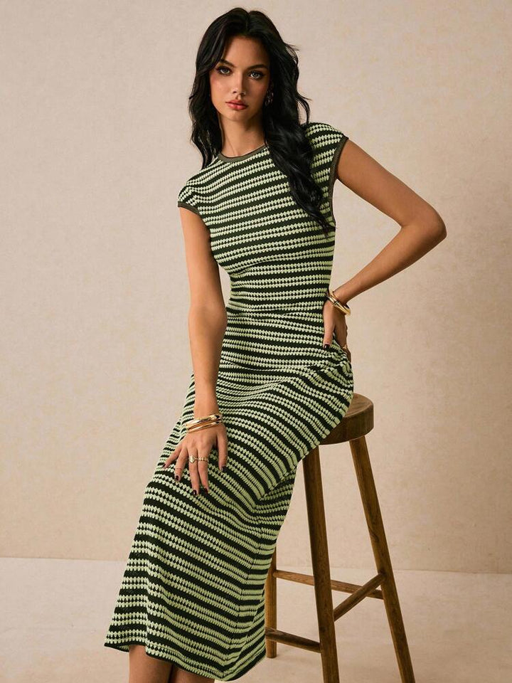 Striped Cap-Sleeve Round-Neck Womens Knit Dress, Casual