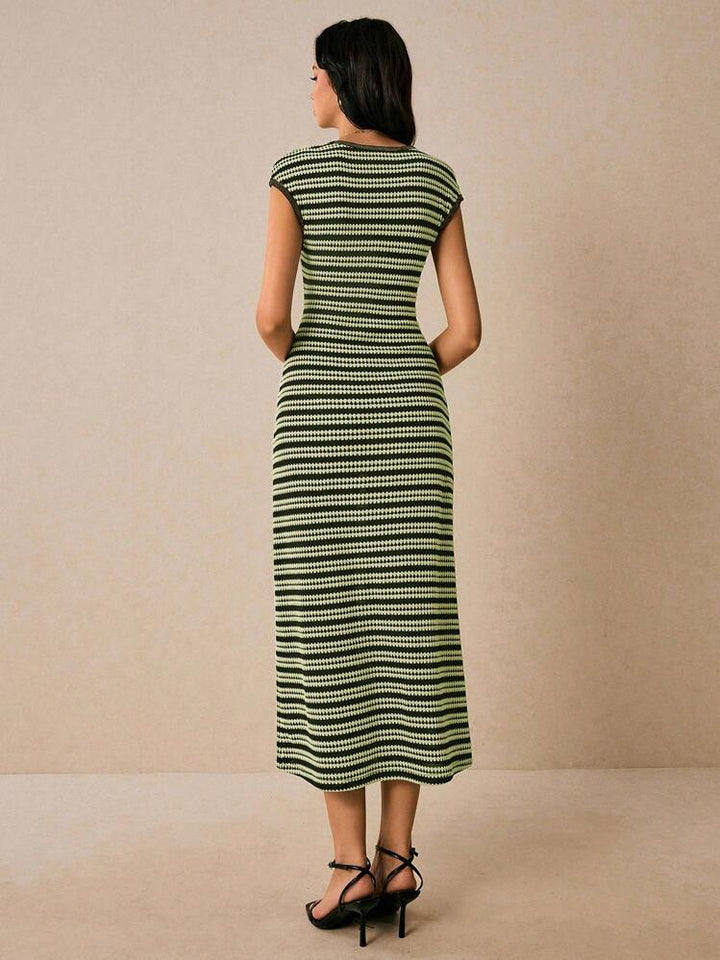 Striped Cap-Sleeve Round-Neck Womens Knit Dress, Casual