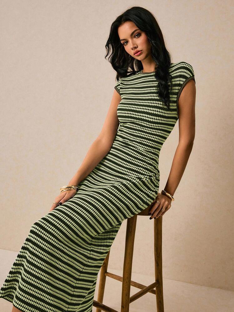 Striped Cap-Sleeve Round-Neck Womens Knit Dress, Casual