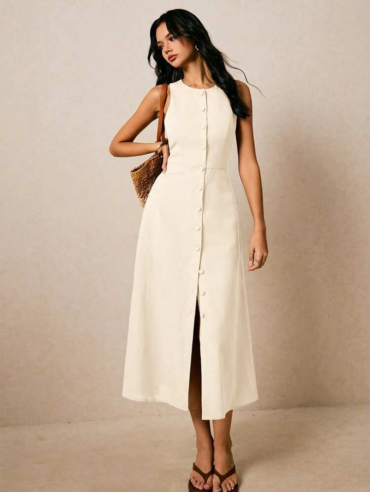 Sleeveless Button-Front Womens Dress, Linen-Blend Weave