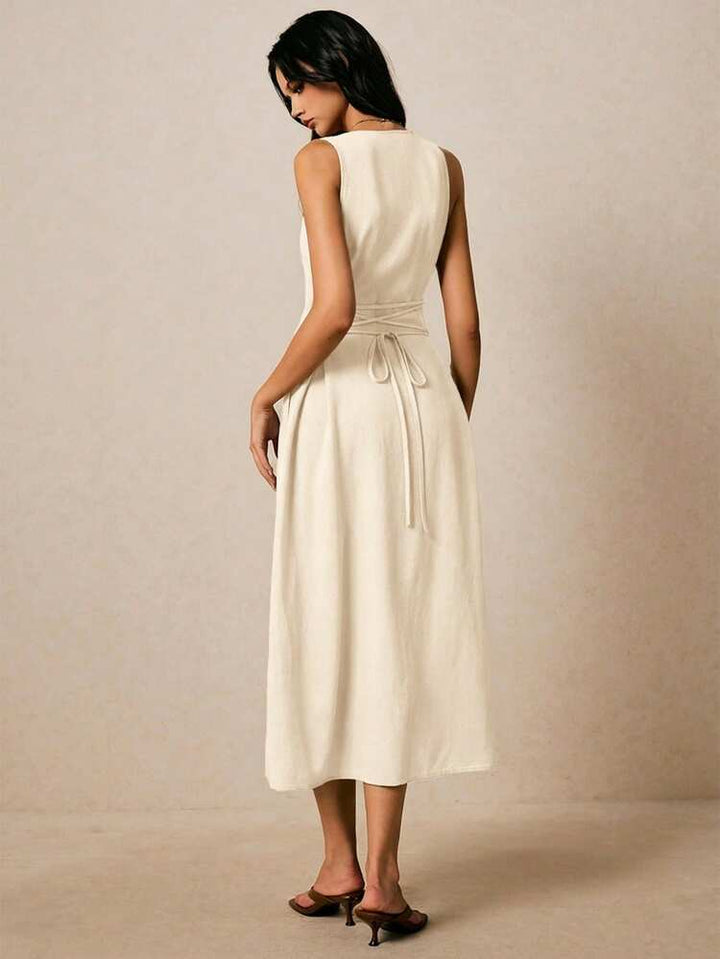 Sleeveless Button-Front Womens Dress, Linen-Blend Weave