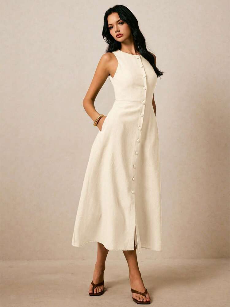 Sleeveless Button-Front Womens Dress, Linen-Blend Weave