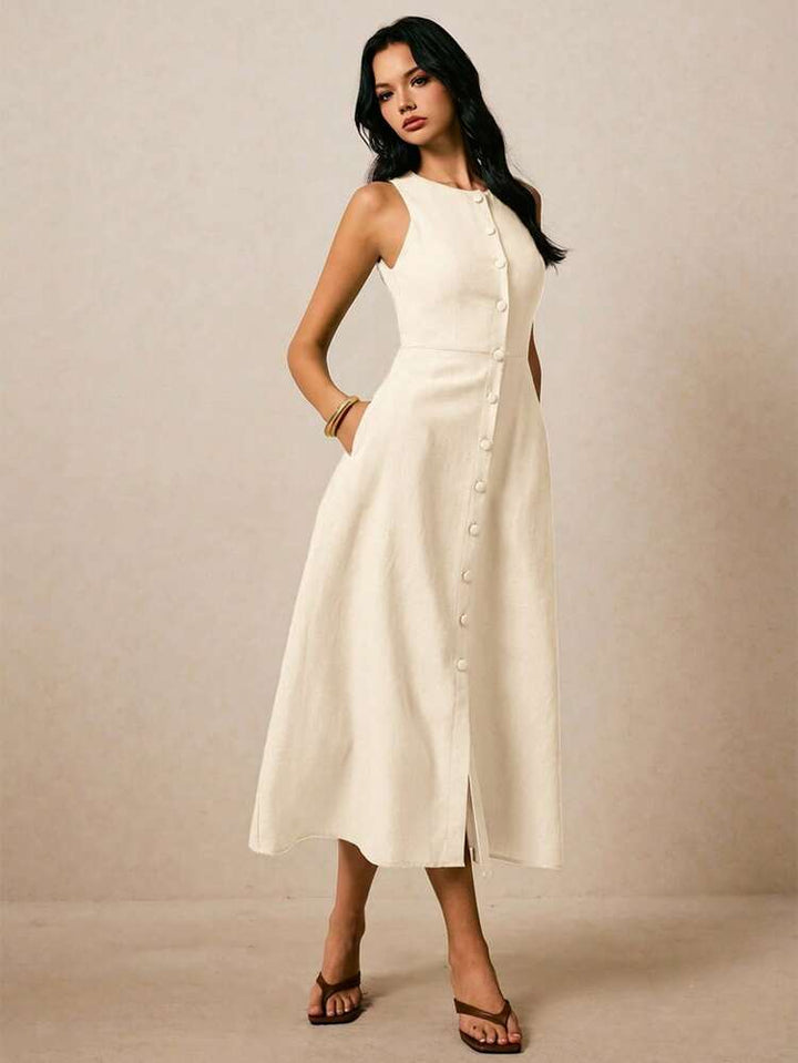 Sleeveless Button-Front Womens Dress, Linen-Blend Weave