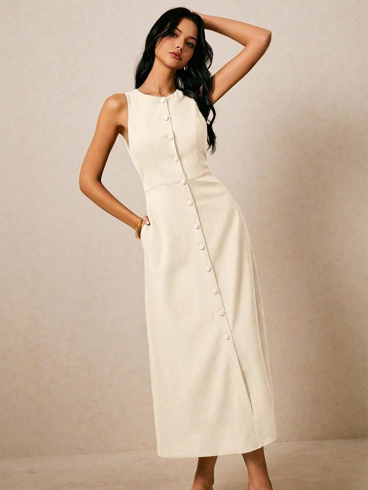 Sleeveless Button-Front Womens Dress, Linen-Blend Weave