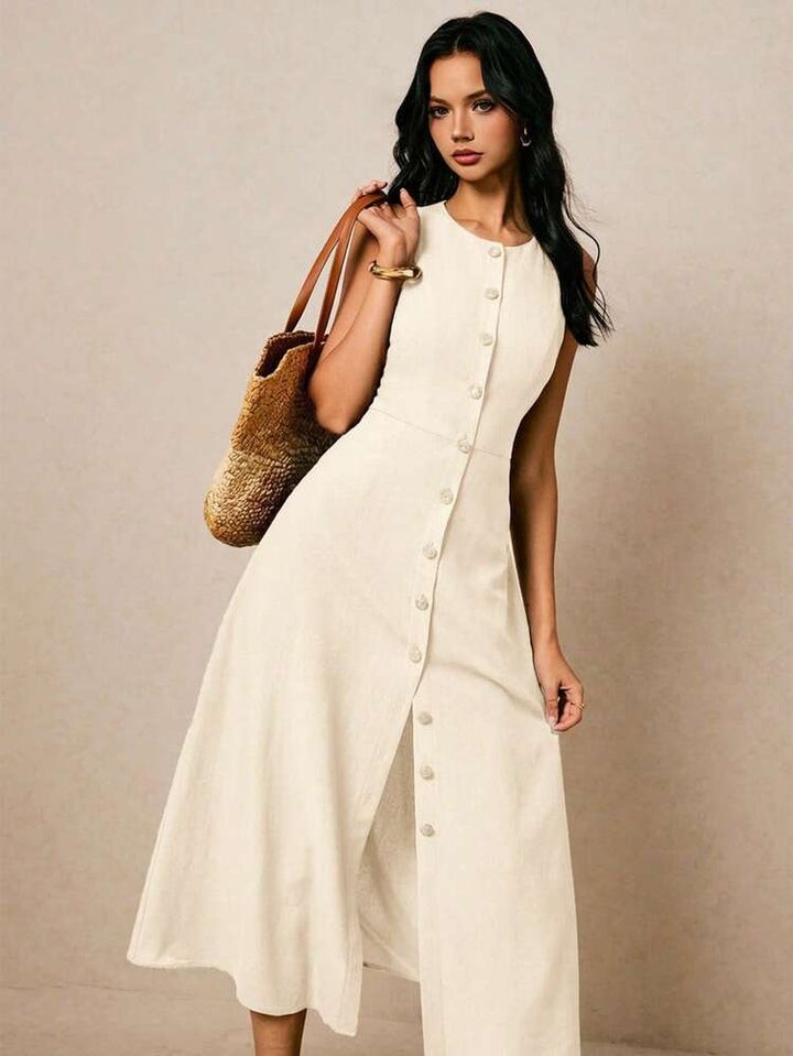 Sleeveless Button-Front Womens Dress, Linen-Blend Weave