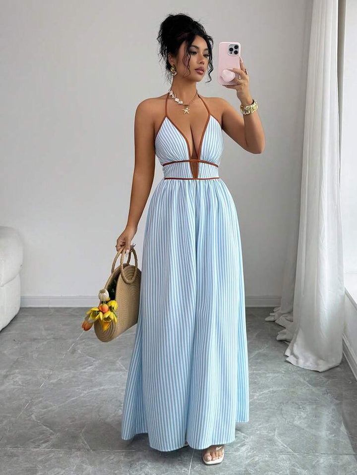 Striped Halter Backless Womens Maxi Dress, Sleeveless
