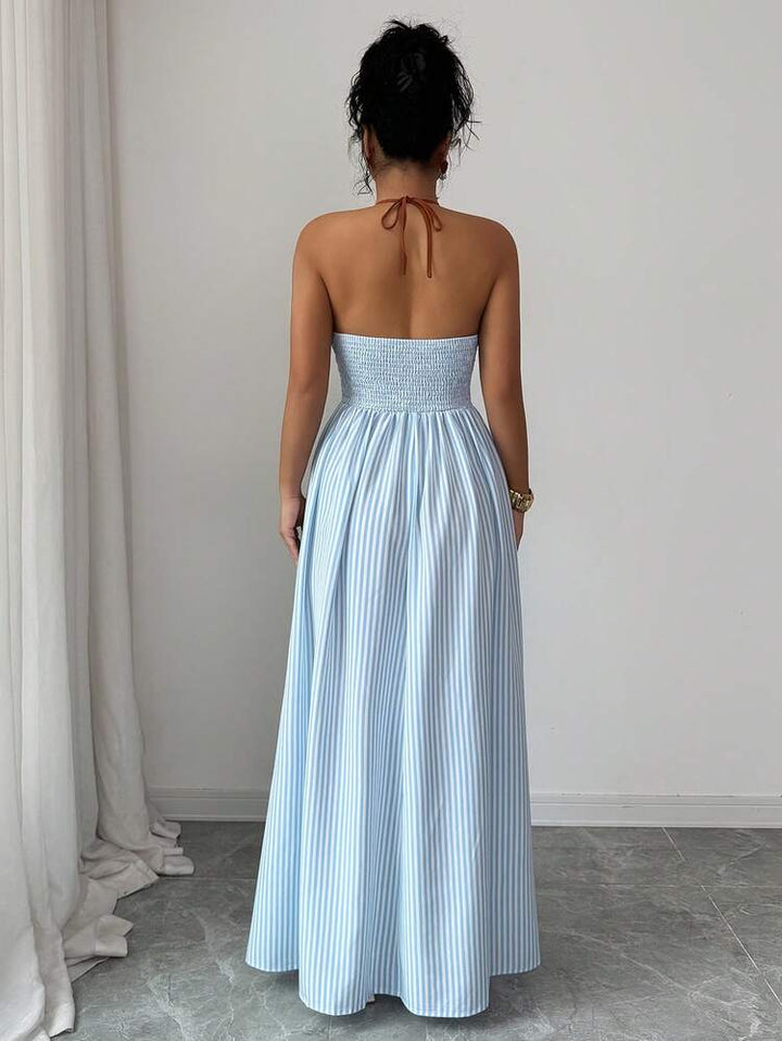 Striped Halter Backless Womens Maxi Dress, Sleeveless