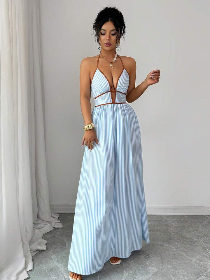 Striped Halter Backless Womens Maxi Dress, Sleeveless