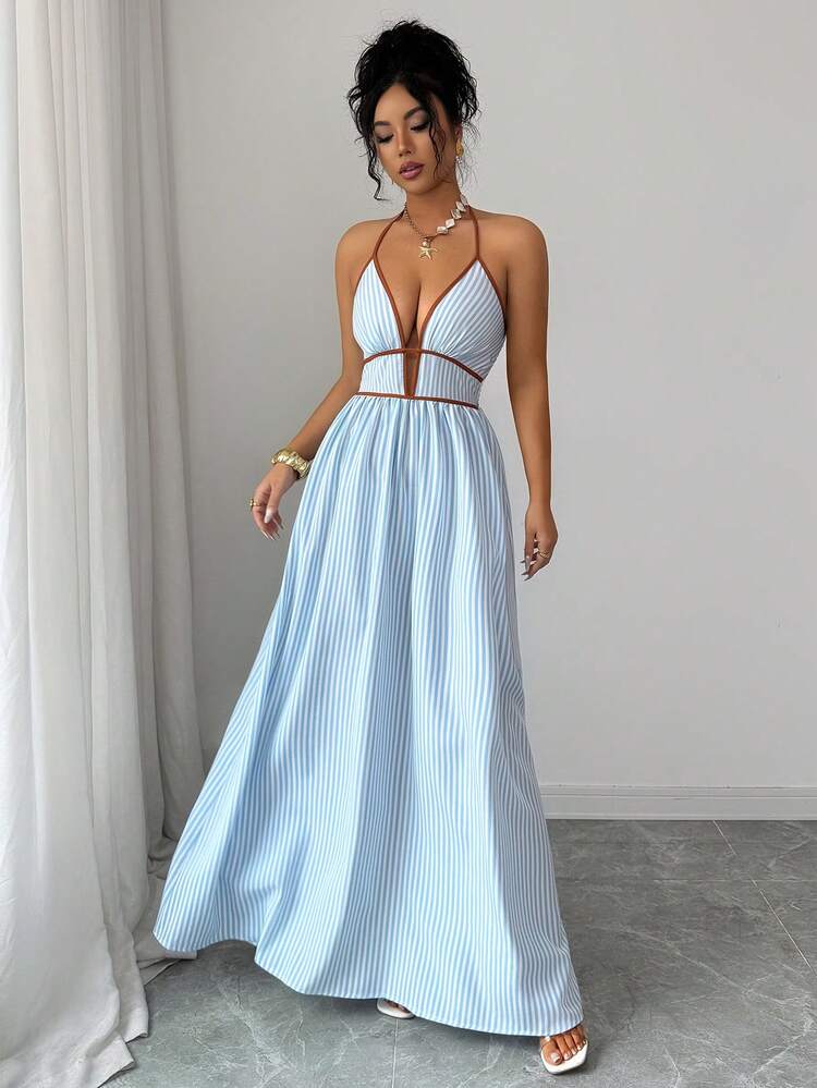 Striped Halter Backless Womens Maxi Dress, Sleeveless