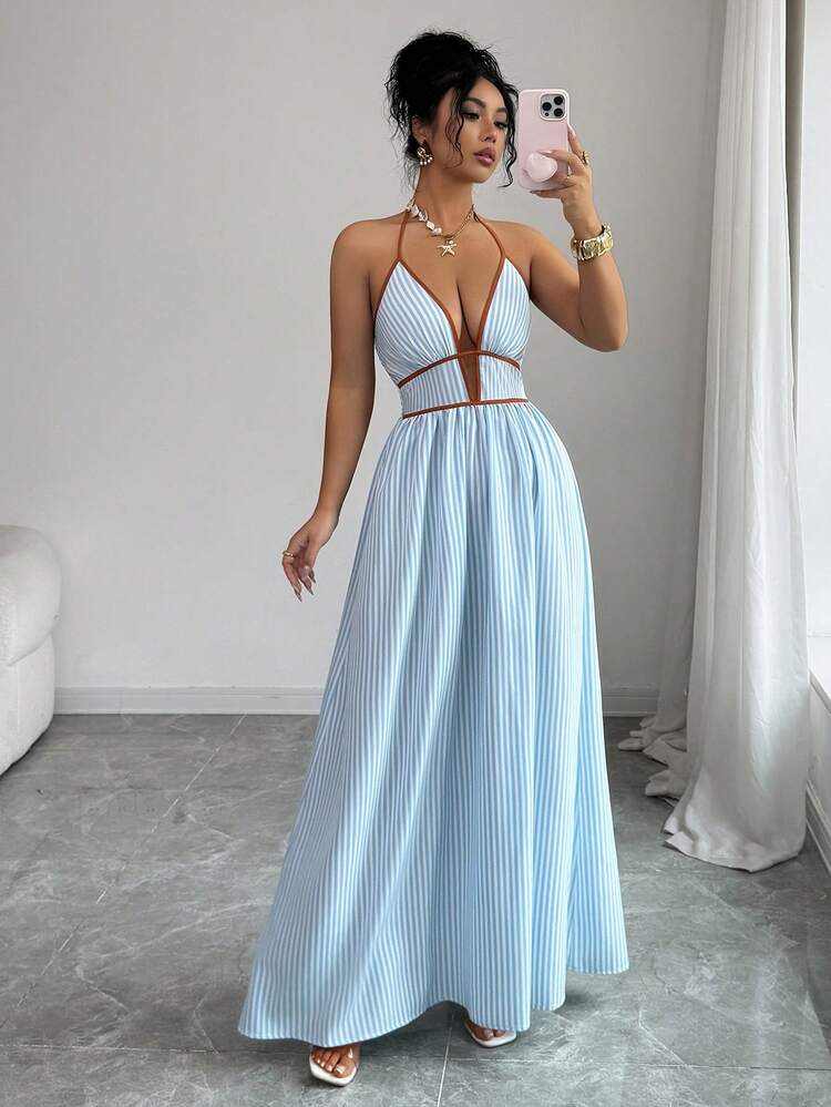Striped Halter Backless Womens Maxi Dress, Sleeveless