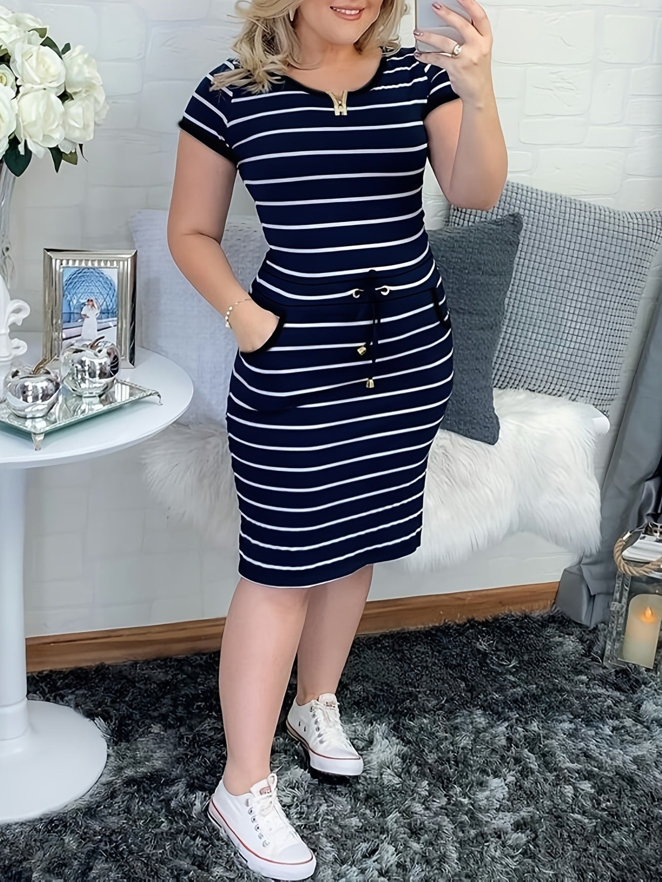 Women's Striped Shirt Dress with Drawstring Waist and Pockets Navy