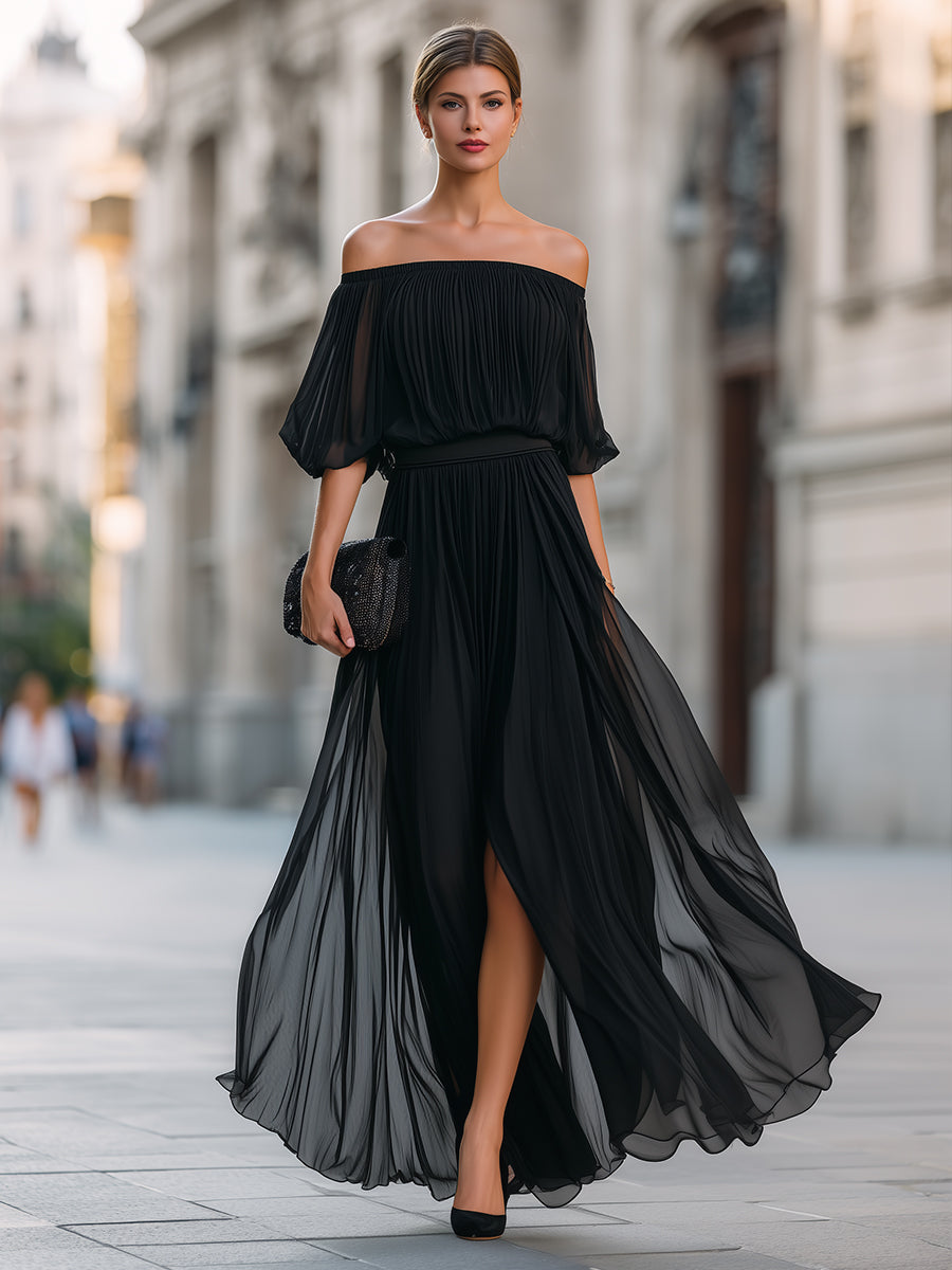 Off-Shoulder Pleated Formal Womens Maxi Dress, Wedding