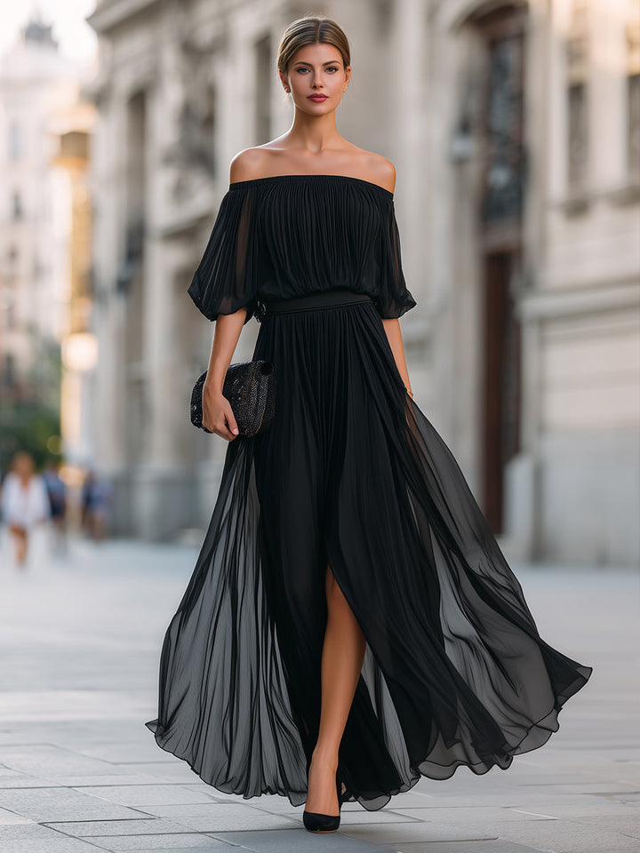 Off-Shoulder Pleated Formal Womens Maxi Dress, Wedding