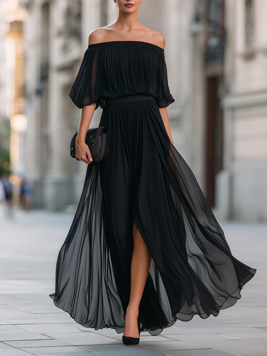 Off-Shoulder Pleated Formal Womens Maxi Dress, Wedding