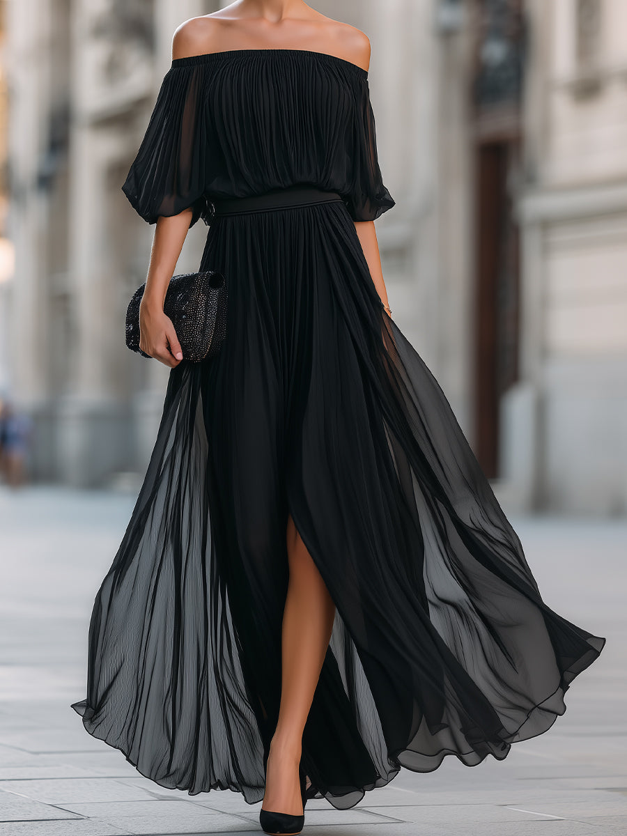 Off-Shoulder Pleated Formal Womens Maxi Dress, Wedding